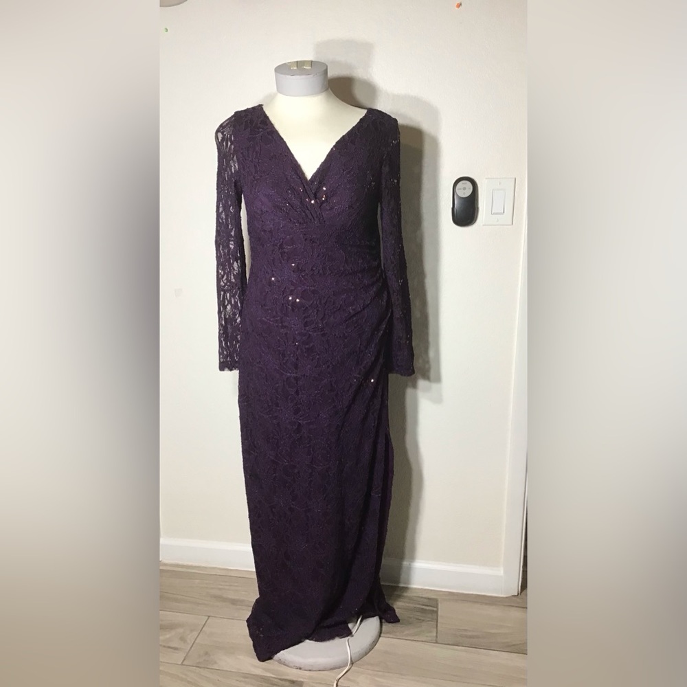 RALPH LAUREN PLUM LACE SEQUIN LONG SLEEVE EVENING GOWN SIZE 18